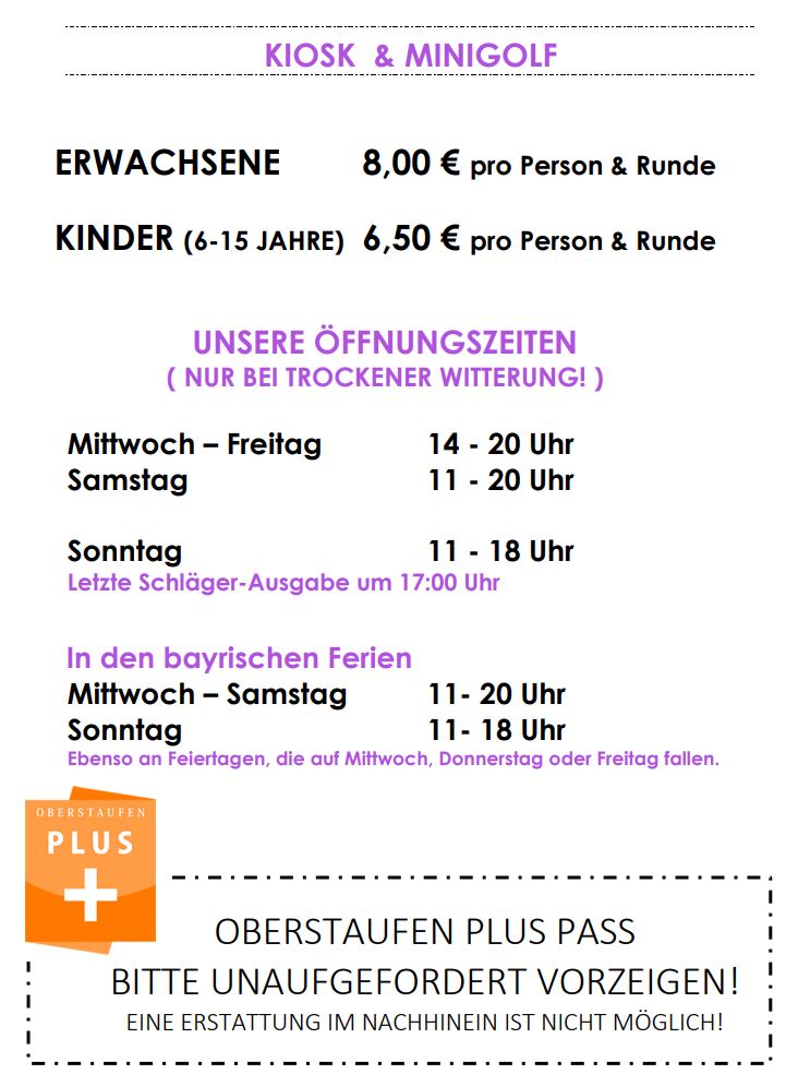 Preise und Öffnungszeiten - Minigolf Platz Oberstaufen Preise und Öffnungszeiten - Minigolf Platz Oberstaufen